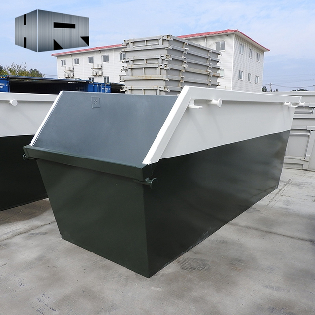 skip bin with one side tilted